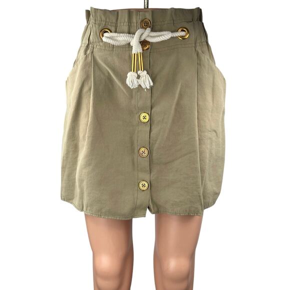 Zara Green Drawstring Button High Waist Pockets Mini Paperbag A-Line Skirt Sz M - Picture 1 of 5